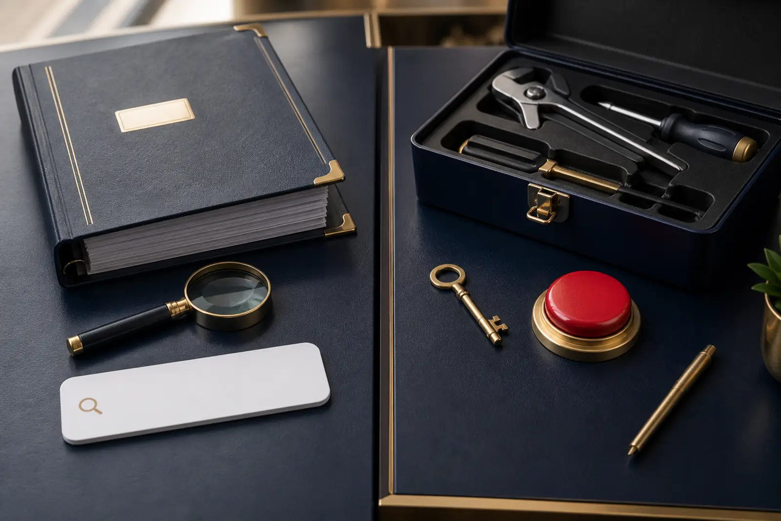 Split desk: a FAQ binder and magnifier on the left, tools and a red stop button on the right