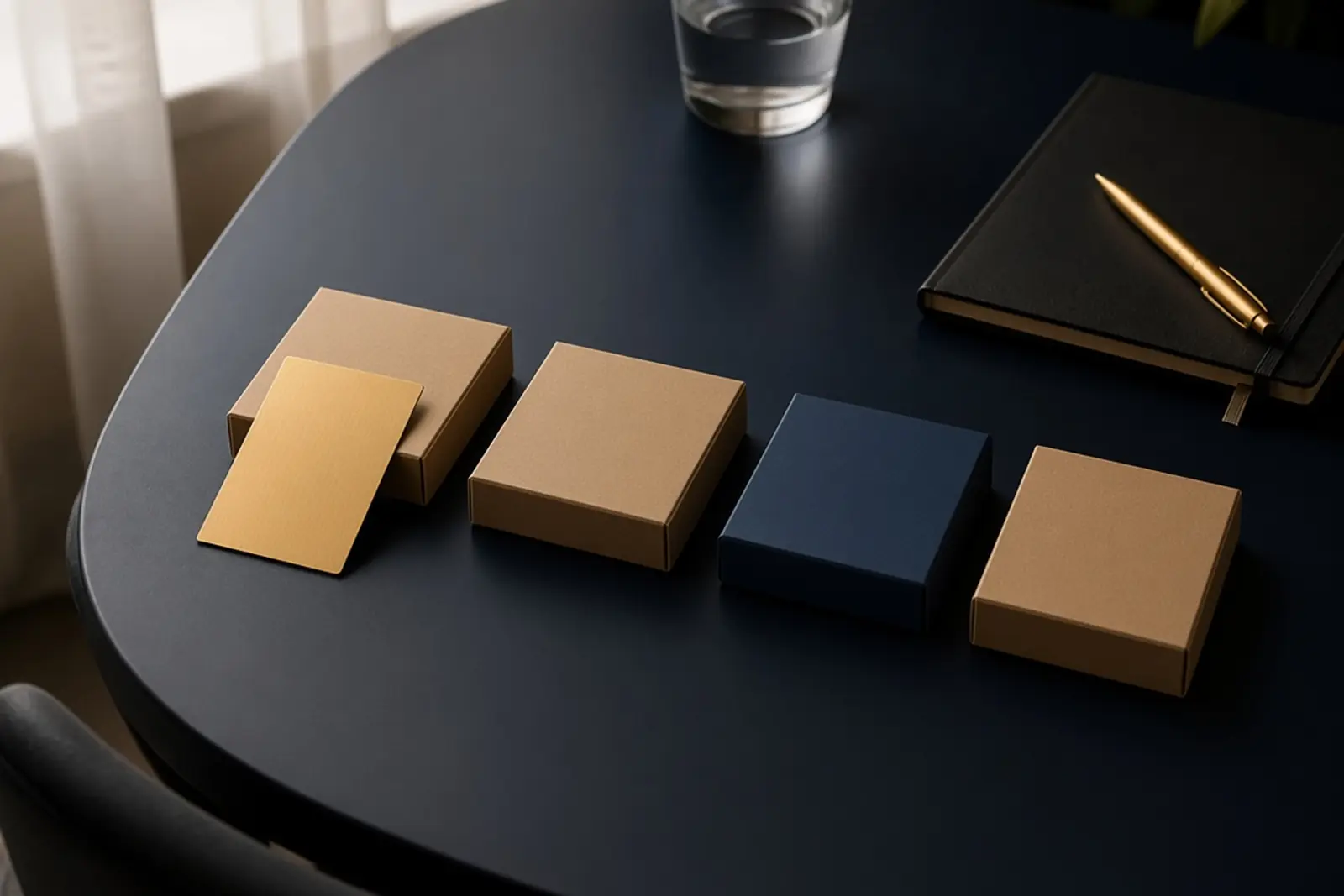 Four small boxes on a navy table, the first marked with a gold card and a notebook nearby
